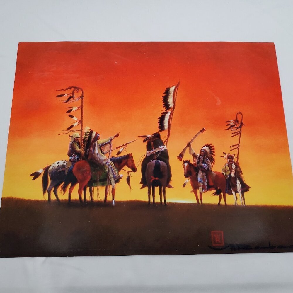 Vibrant Native American Horseback Riders Sunset Art Print Wall Decor